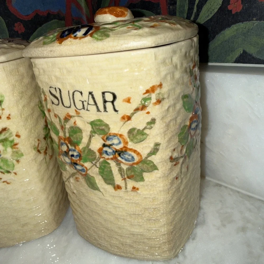 Vintage‎ Flour And Sugar Canisters Country Kitchen Basket Weave Lattice Floral
